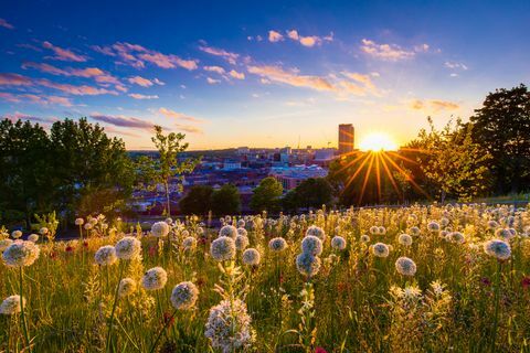 Slnko zapadá nad panorámou mesta Sheffield