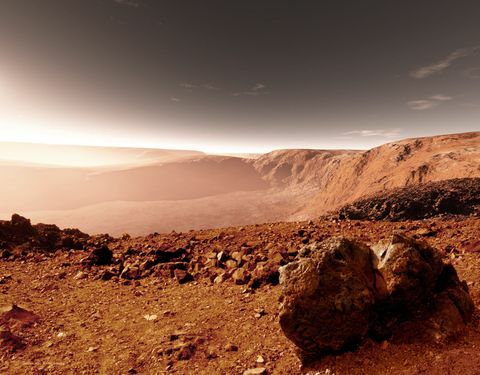 Povrch planéty Mars - červená zaprášená púštna krajina