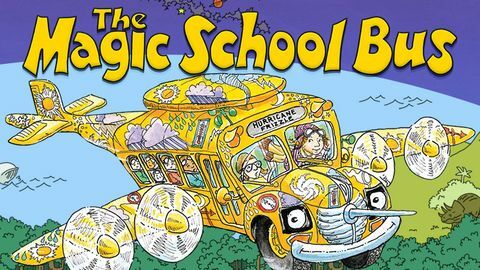 Animovaný školský autobus plný detí a učiteľov lietajúcich vzduchom